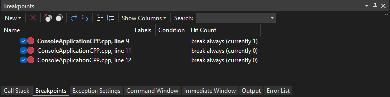 Breakpoints window Breakpoints window