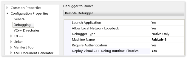 VSRUN_CPP_ProjProp_Remote C++ project properties for remote debugging