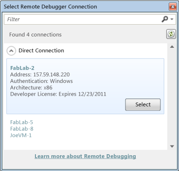VSRUN_SelectRemoteDebuggerDlg Select Remote Debugger Connection dialog box