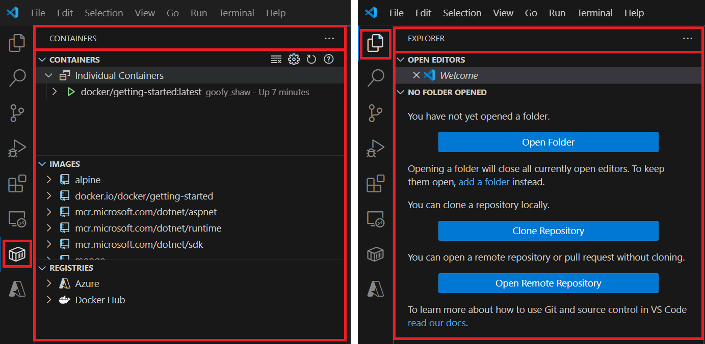 Screenshot that shows the Docker extension view and file/folder Explorer view in Visual Studio Code.