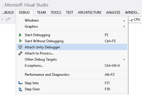 vstu_debugging_attach_unity_debugger Screenshot of the Attach Unity Debugging Window in Visual Studio.