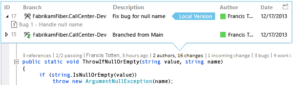 CodeLensBranchChangeDevScreenshot CodeLens: Change checked into another branch