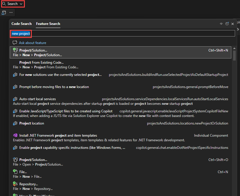 Screenshot that shows search results for 'new project'.