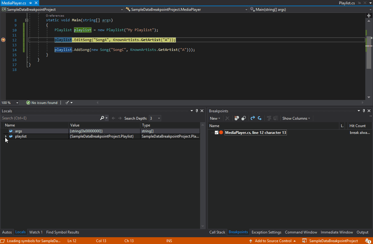 The debug data breakpoints in Visual Studio 2019. An animation that shows the debug data breakpoints in Visual Studio 2019
