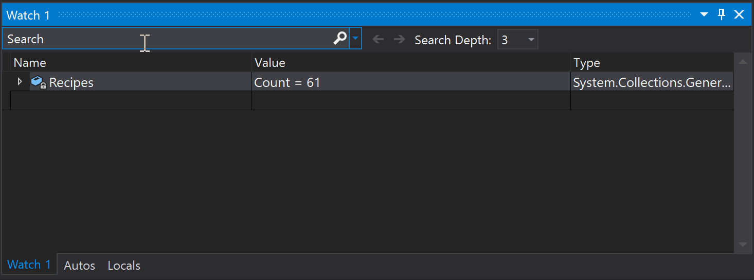 The debug search window in Visual Studio 2019. An animation that shows the debug search window in Visual Studio 2019