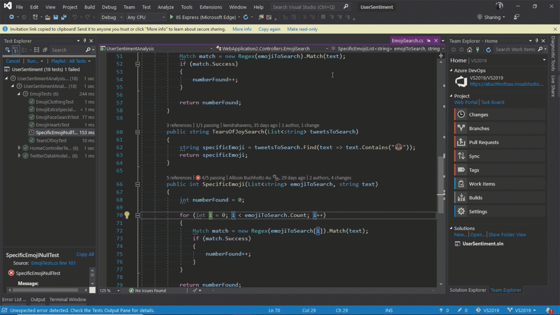 The Live Share collaboration feature in Visual Studio 2019. An animation that shows the Live Share collaboration feature in Visual Studio 2019