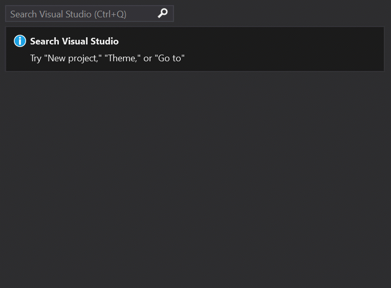 The new search experience in Visual Studio 2019. An animation of the new search experience in Visual Studio 2019