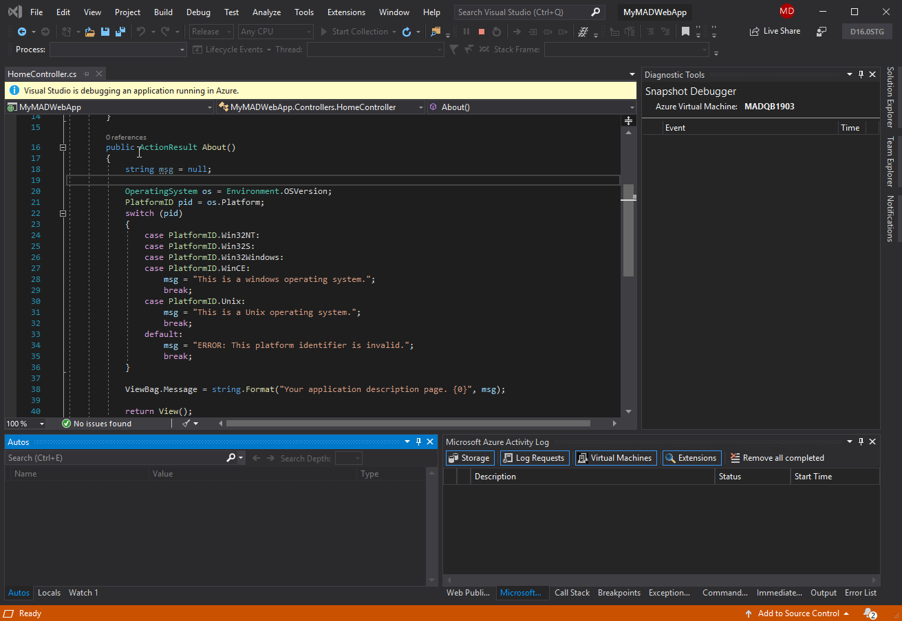 The Snapshot Debugger in Visual Studio 2019 Enterprise. An animation that shows the Snapshot Debugger in Visual Studio 2019 Enterprise