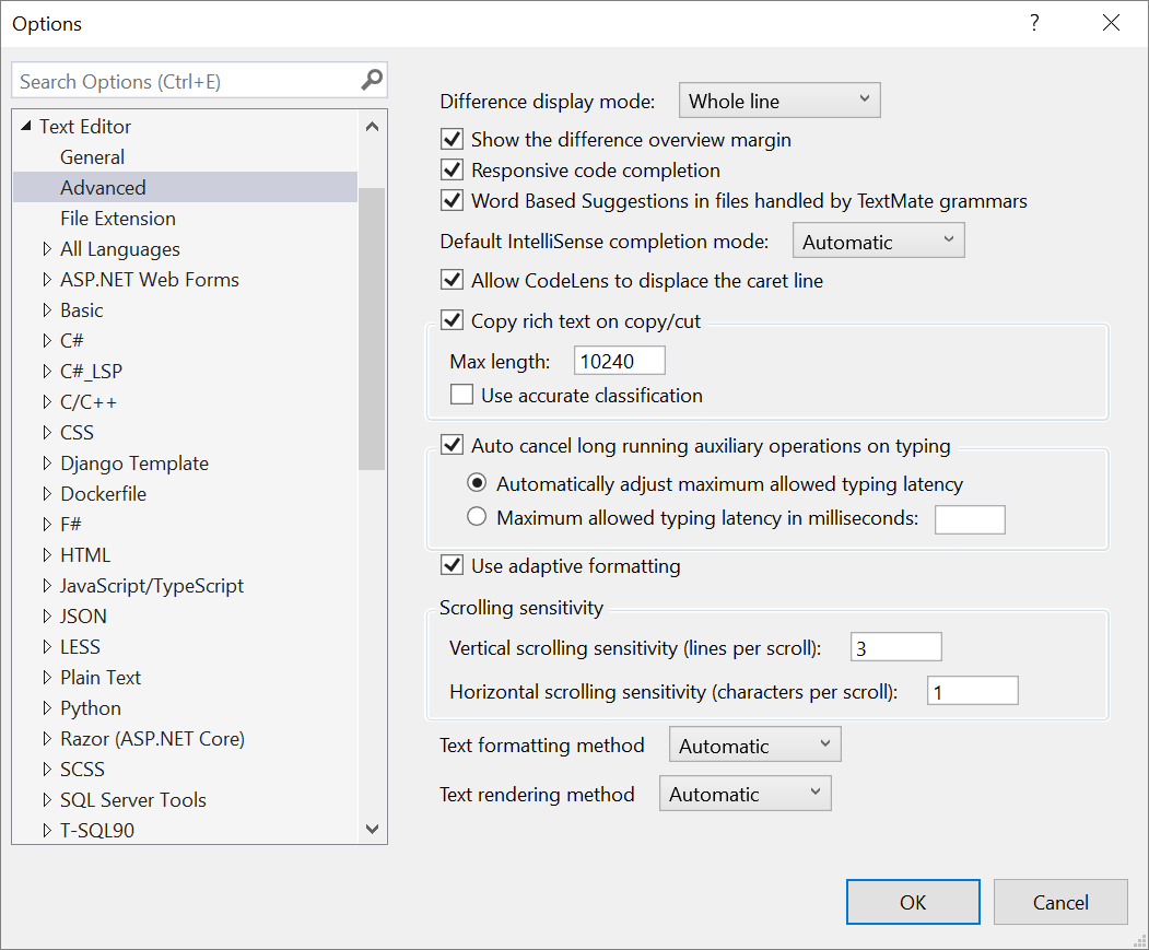 Screenshot of the text editor's advanced settings in the Options dialog box.
