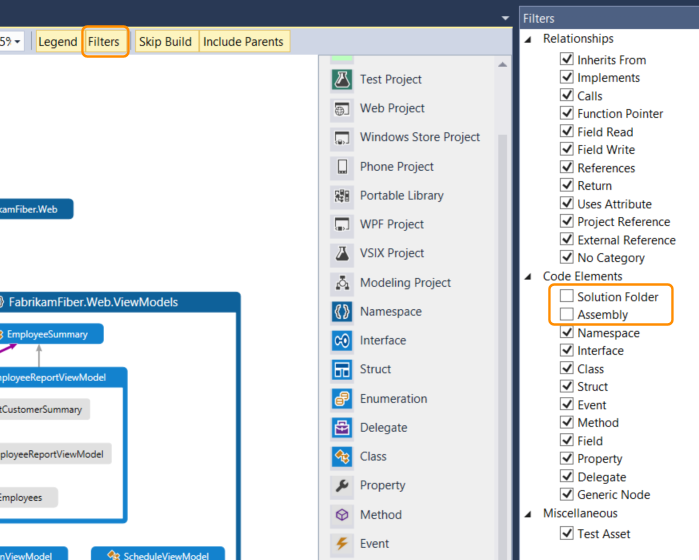 CodeMapsFilterFoldersAssemblies Simplify the map by filtering containers