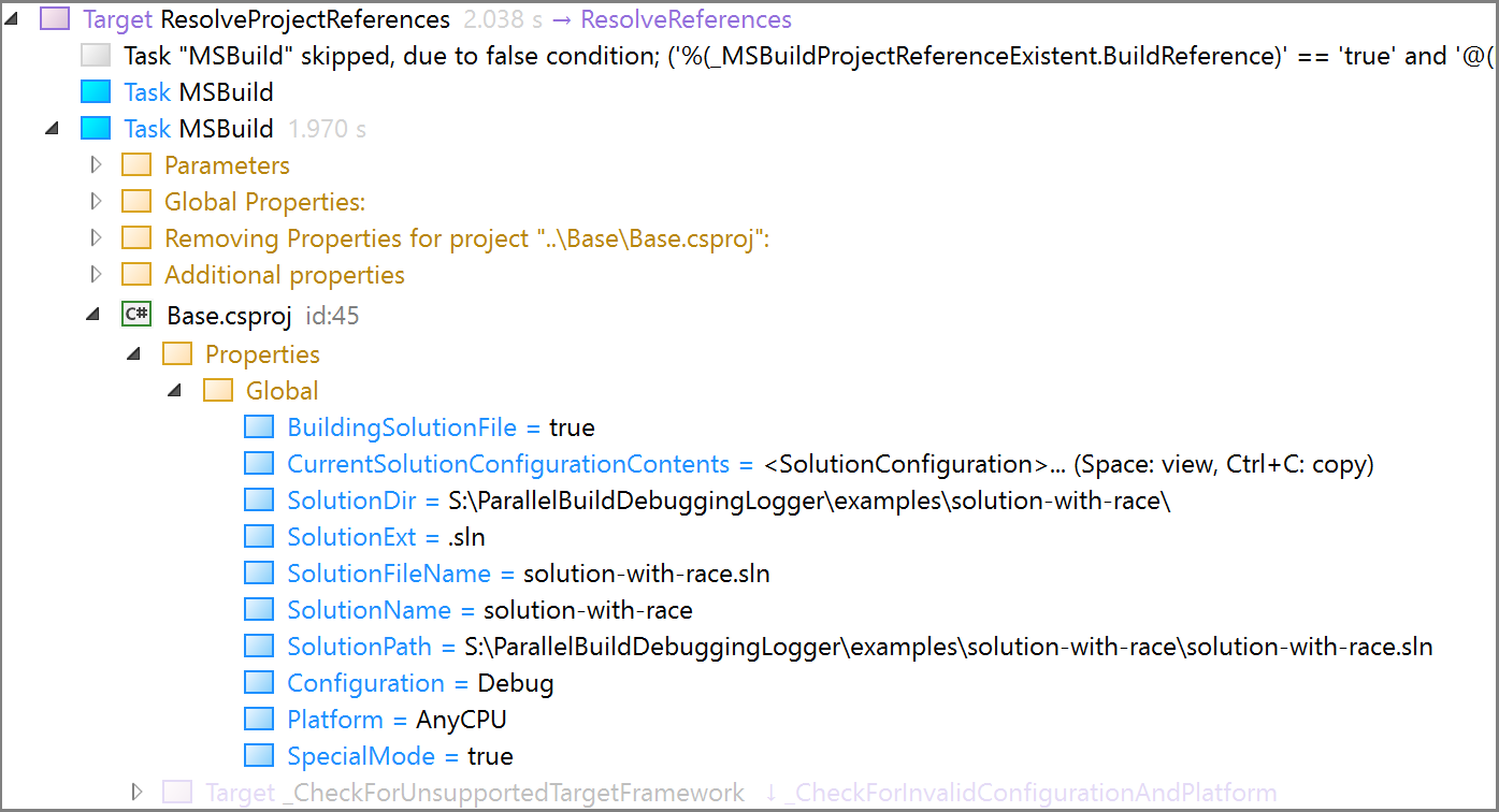 Screenshot of the Structured Log Viewer showing the properties for a project build.