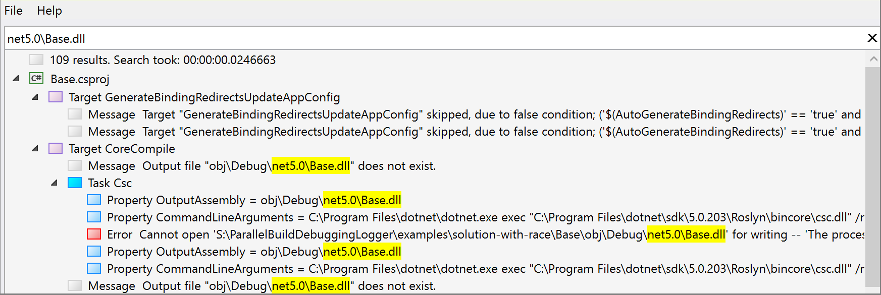 Screenshot showing search results in the Structured Log Viewer.
