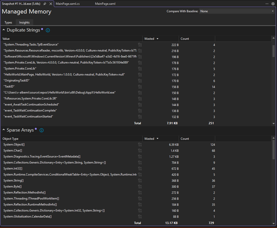 Memory Usage insight Screenshot of the insight view in the Memory Usage tool.