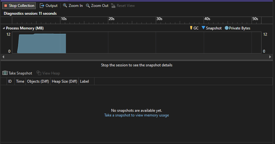 Screenshot of the Diagnostic Tools window in the Visual Studio Performance Profiler showing a timeline graph of the app's memory use.