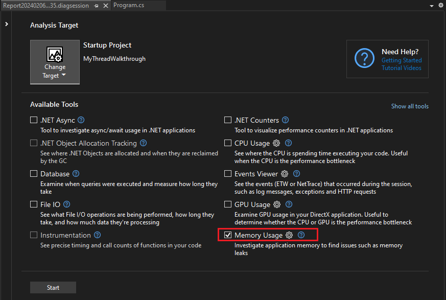 Start a Memory Usage diagnostic session.