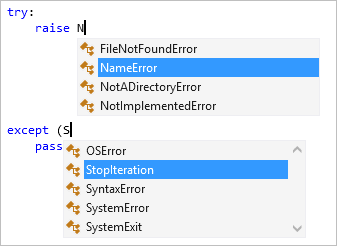 Screenshot that shows exception completion in the Visual Studio editor.