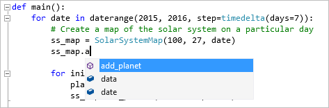 显示Visual Studio中Python代码的代码完成情况的屏幕截图。