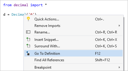 Screenshot that shows the Go To Definition command in Visual Studio.