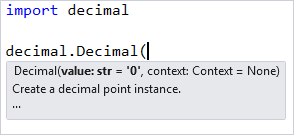 Screenshot that shows signature help in the Visual Studio editor.