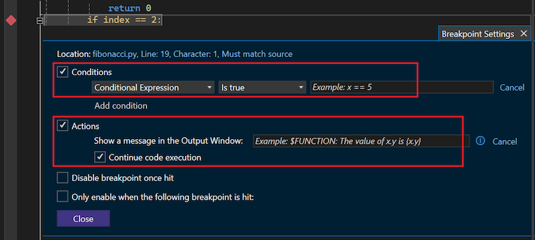 Screenshot that shows how to create tracepoint actions for a breakpoint in Visual Studio.