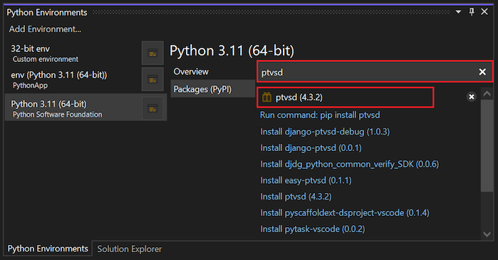 Screenshot that shows how to check the ptvsd version in the Python Environments window.