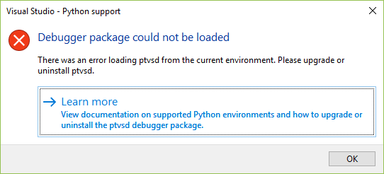 Screenshot of the debugger error message 'Debugger package could not be loaded'.