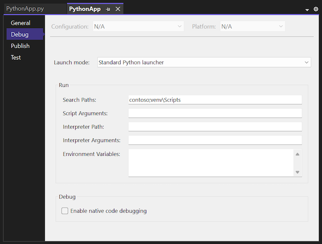 Screenshot that shows the Python project debug properties in the Visual Studio debugger.