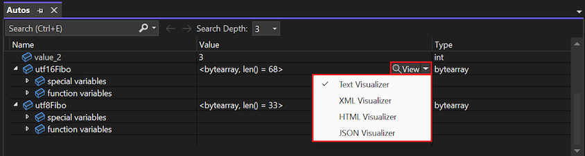 Screenshot that shows how to access visualizers from the View magnifying glass in the Visual Studio debugger.