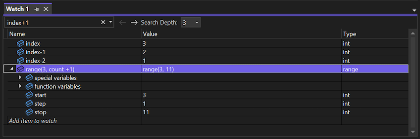 Screenshot that shows the Watch window in the Visual Studio debugger.