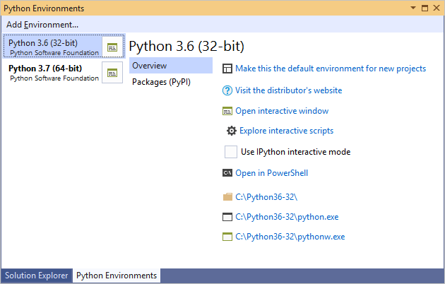 屏幕截图，显示Visual Studio 2019中Python环境窗口的展开视图。