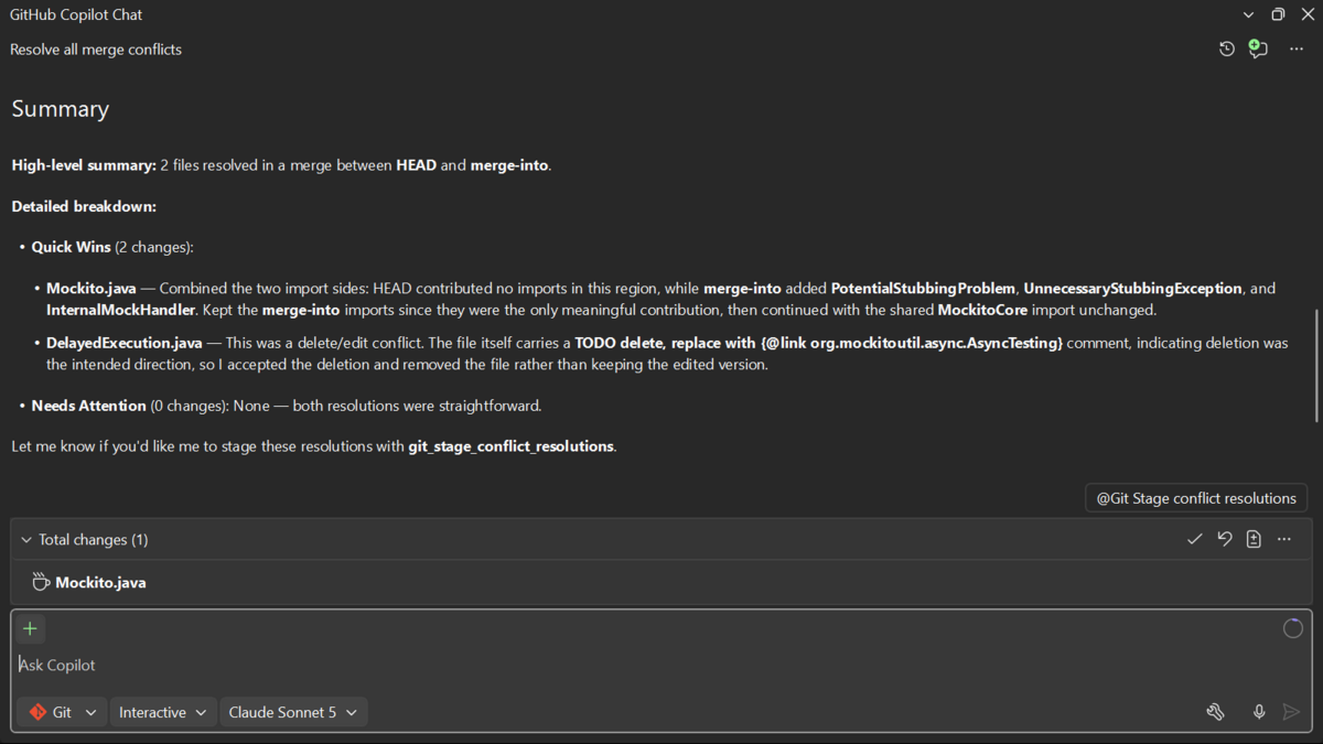 Copilot Chat's summary of a resolved merge conflict, listing the file changed and a quick-wins breakdown of what was combined