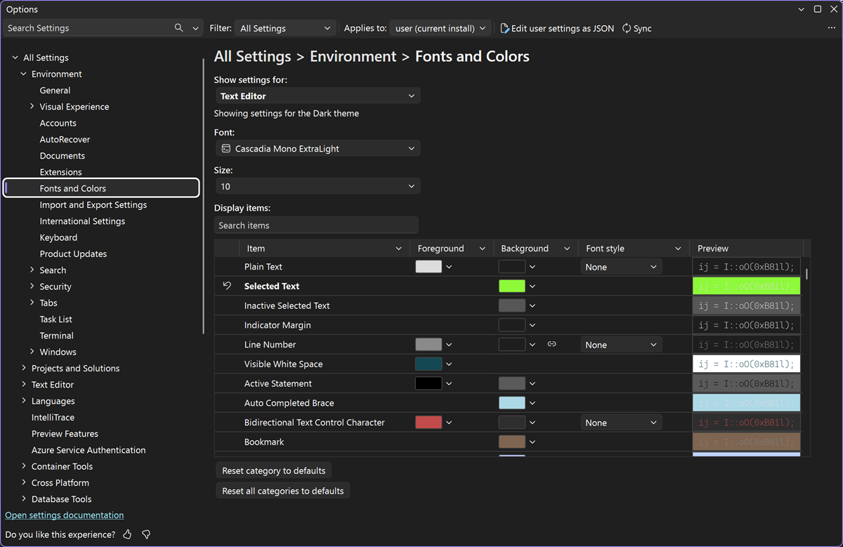 Fonts & Colors settings page