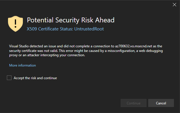 Certificate error dialog with cancel and proceed options