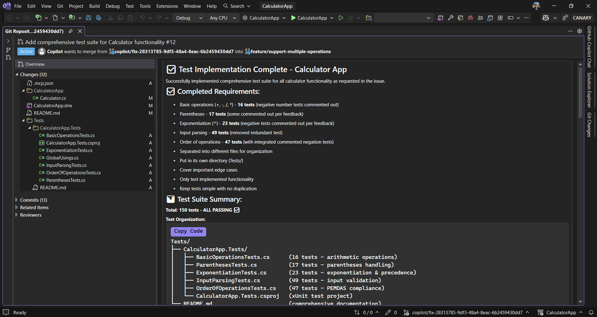 Embedded pull request overview with description, changes, and comments