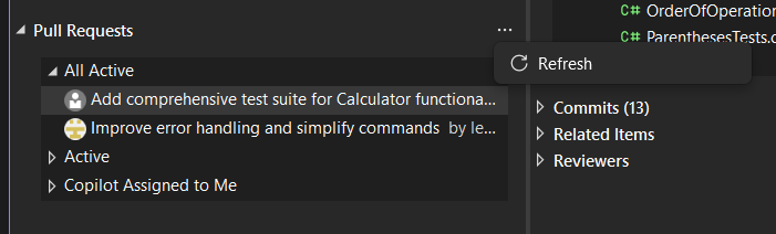 Refresh button in the Pull Requests header