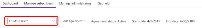 Screenshot of the manage subscribers page of the management portal. The agreement picker is highlighted. Agreement picker