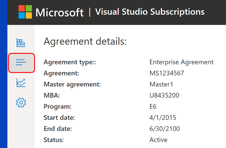 Screenshot of the Agreement details page. The Agreement details button is highlighted. Open the Details pane