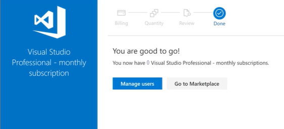 Screenshot of monthly subscription purchase dialog. You are good to go! and Manage user button highlighted. Confirm Paid users quantity