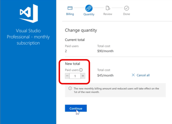 Screnshot of monthly subscription purchase dialog. 'New total Paid users' option is highlighted. Reduce Paid users quanity