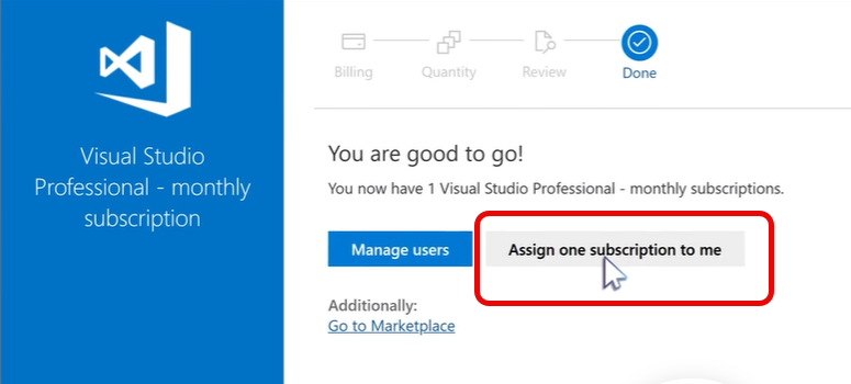 Screenshot of a monthly subscription purchase confirmation dialog showing the purchase of one subscription and Assign one subscription to me option. Finish purchase successfully