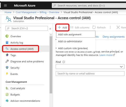 Screenshot of the access control page for a subscription. The Add menu is selected. Choose Access control, Add, Add role assignment