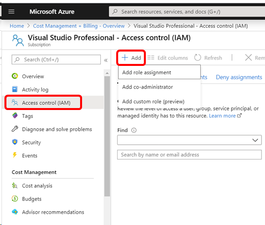 Choose Access control, Add, Add role assignment