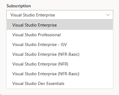 Use the subscriptions drop-down to choose between available subscriptions. Screenshot of the subscriptions drop-down.