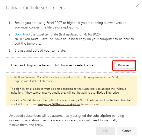 Screenshot of the Upload multiple subscribers dialog. The Browse button is highlighted. Browse template