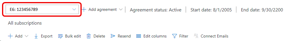 Screenshot of part of the Manage subscribers tab. The agreement drop-down list is highlighted. Choose agreement