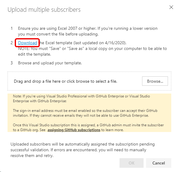 Screenshot of the Upload multiple subscribers dialog. The download link is highlighted. Download bulk add template
