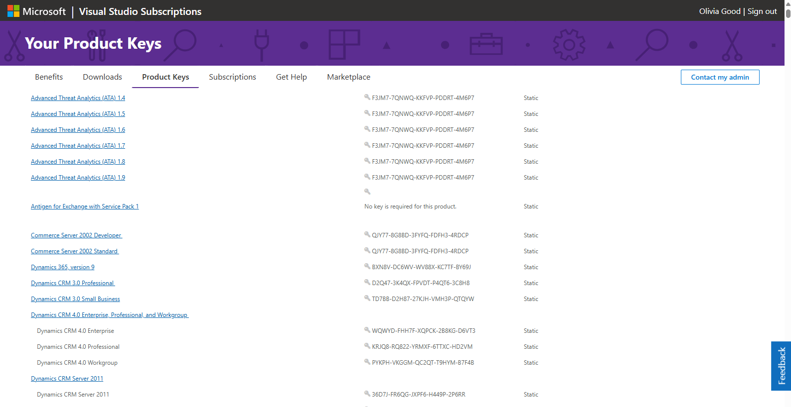 Screenshot of the Product keys page on the subscription portal. Product Keys Page