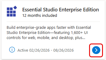 Screenshot of the Essential Studio Enterprise Edition tile with a white arrwo in a blue button highlighted. Essential Studio Enterprise Edition tile