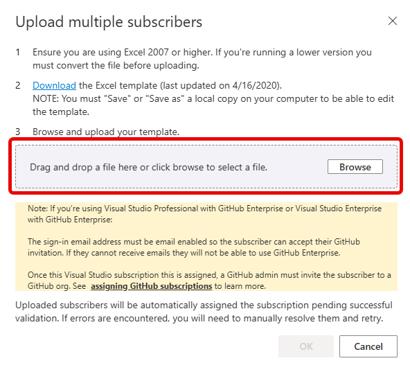 Screenshot of the Upload multiple subscribers dialog. The Browse option to locate the completed template is highlighted. Browse to your saved template to upload multiple subscribers