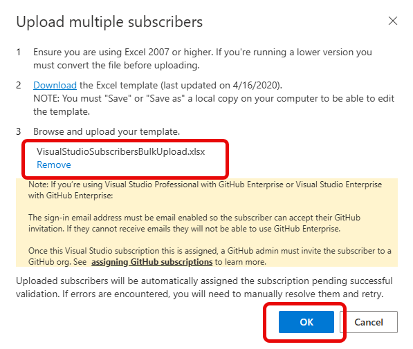 Screenshot of the Upload multiple subscribers dialog. The name of the completed upload template is highlighted. Upload the Excel template to upload multiple subscribers